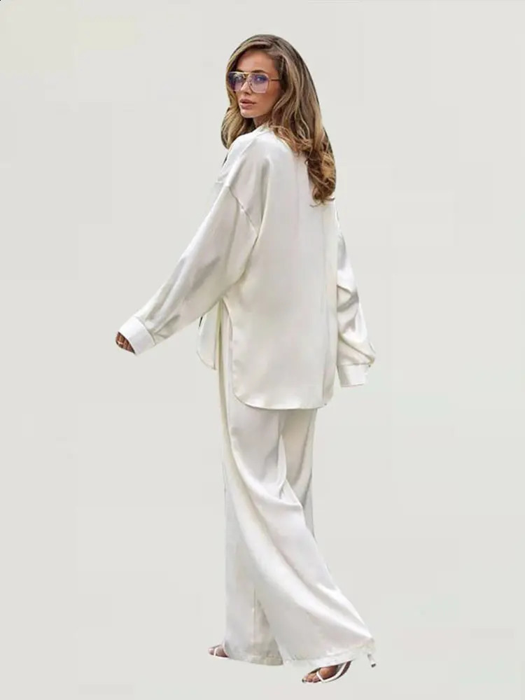 Elegant Silk 3 Piece Sets Women Fashion Long Sleeve Shirt Halter Bra With High Waist Wide Leg Pants Suit 2025 Autumn Lady Outfit 250917