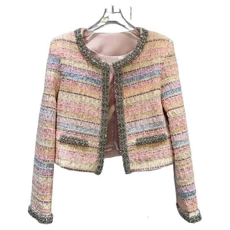 PREPOMP 2024 Autumn New Arrival Long Sleeve Rhinestone Embroidered Beadings Colorful Striped Tweed Short Jacket Women GS196 Z250918