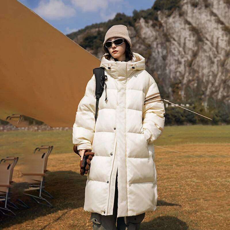 Winter 90%White Duck Men's Down Long Jacket Lightweight Standing Collar Outdoor Waterproof Padded Warm Hooded Windbreaker