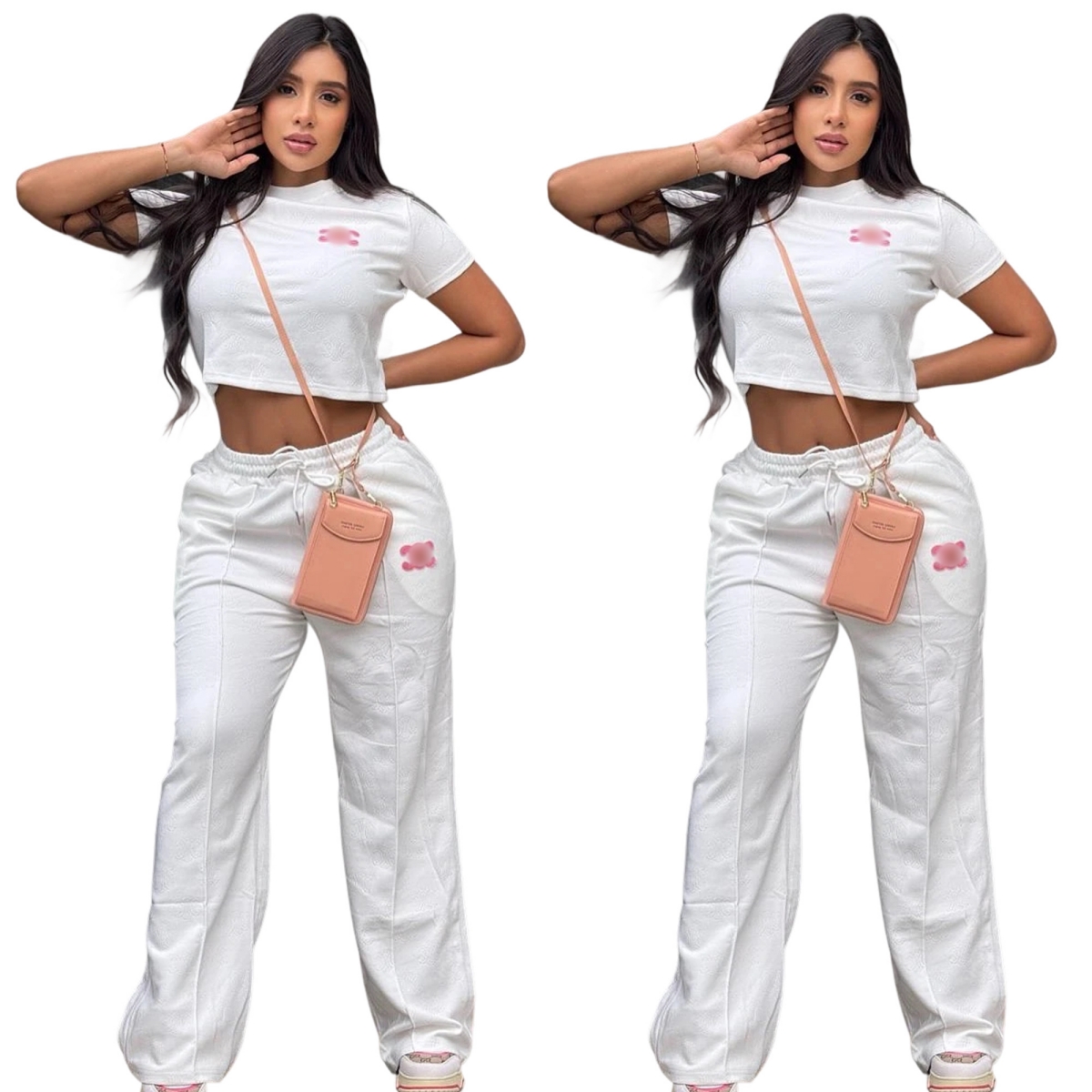Luxury Embossed Tracksuits Women Casual T-shirt and Wide Leg Pants Set Free Ship