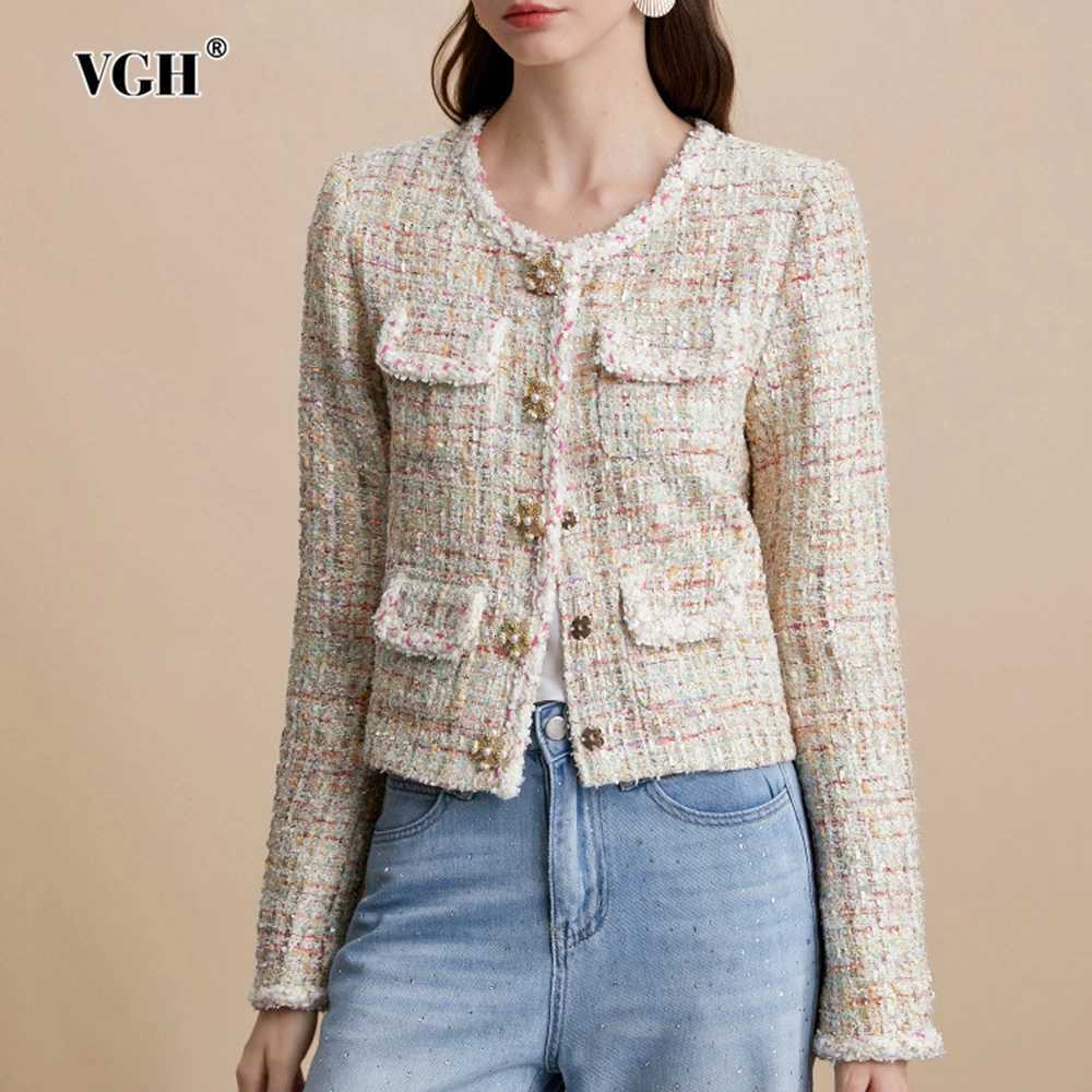 VGH Slimming Elegant Short Jackets For Women Round Neck Long Sleeve Spliced Button Autumn Temperament Jacket Female Fashion New Z250918