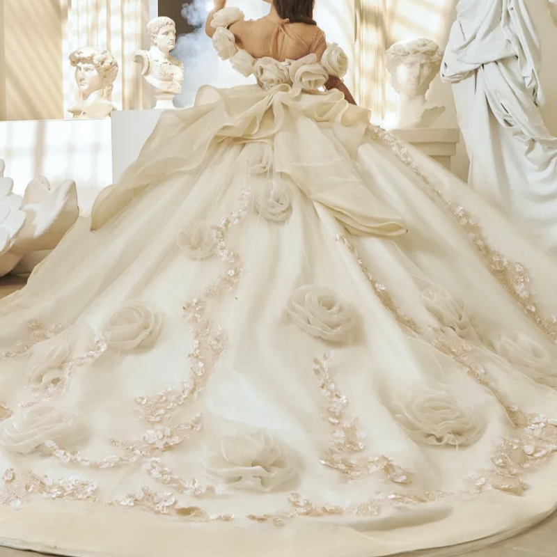 Ivory Shiny Quinceanera Dresses Off The Shoulder Applique Flower Beads Tull Party Birthday Sweet 16 Dress Vestidos De 15 Anos