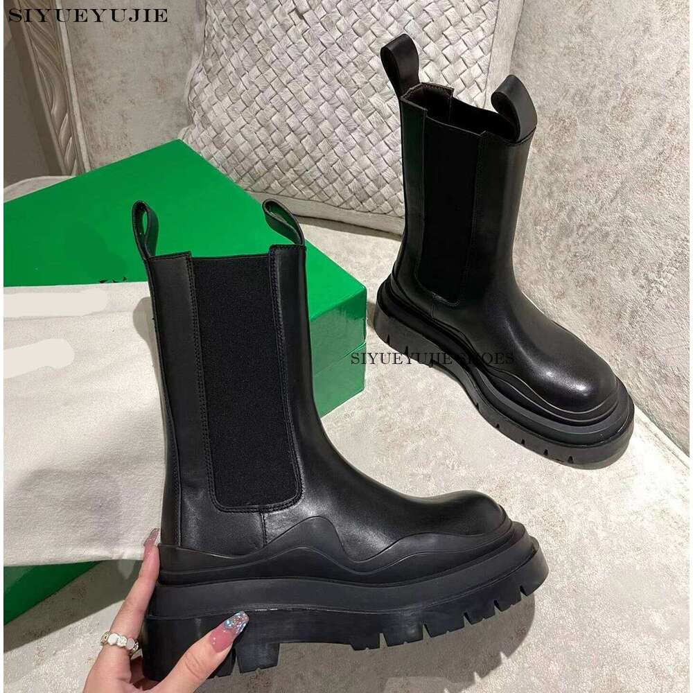 for Women 2024 Leather flat Ankle Booties Woman Punk Thick Bottom Slip on Combat Boots Black Chunky Platform Botas