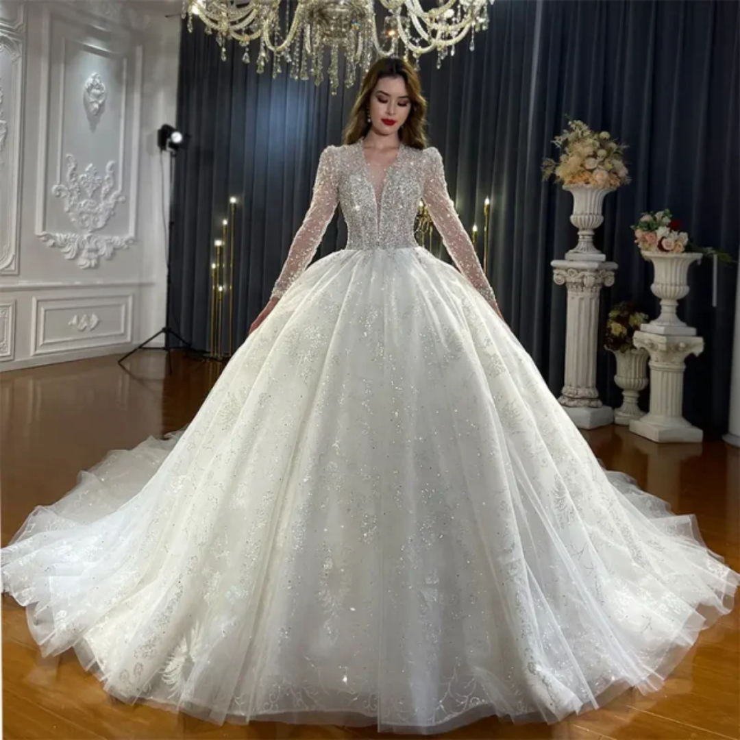 Exquisite Long Sleeve Ball Gown Wedding Dresses Deep V Neck Sequins Appliques Bridal Gowns Vestidos De Novias Customized