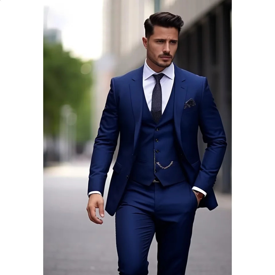 Dark Blue Men Suits 3 Piece Fashion Notch Lapel Single Breasted Outfits Solid Color Chic Business Casual Office Wedding Tuxedo 250916