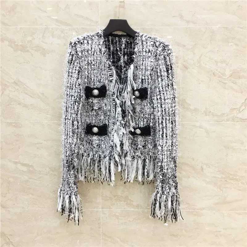 2024 Spring And Autumn New Tweed Style Jacket Coarse Yarn Black And White Fringed Knitted Cardigan Fashionable Slimming Versatil Z250918