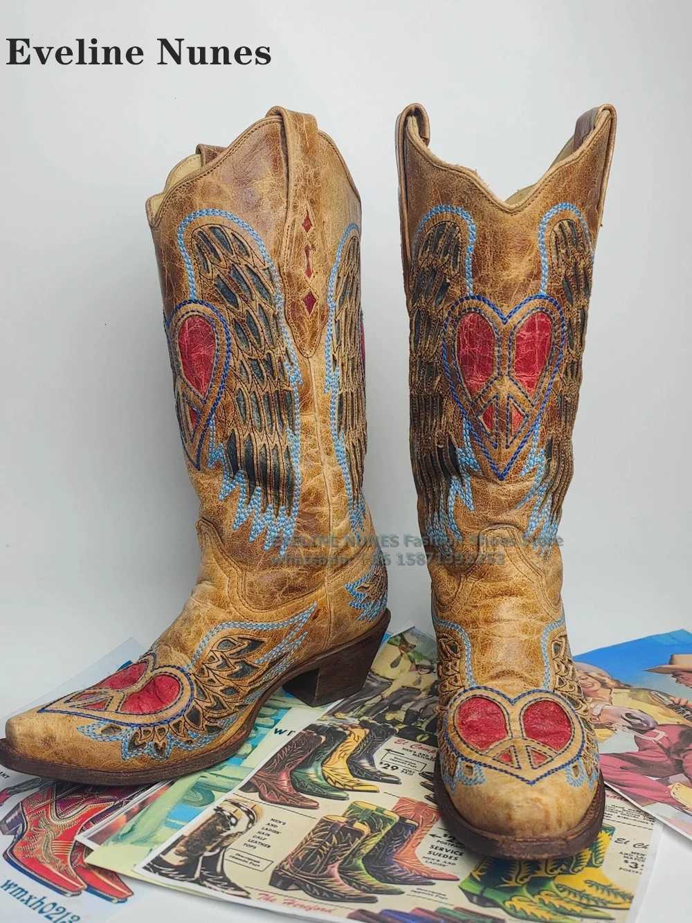 Embroidery Patchwork Retro Western Cowboy Boots Pointed Toe Chunky Heels Mixed Colors Knee High Boots Fashion Casual 2024 Newest W250919