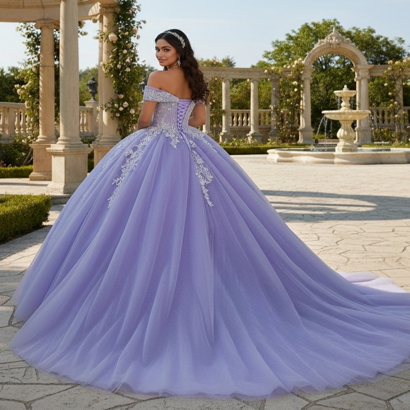 Lavender Shiny Quinceanera Dresses Off The Shoulder Applique Lace Beads Tull Party Birthday Sweet 16 Dress Vestidos De 15 Anos