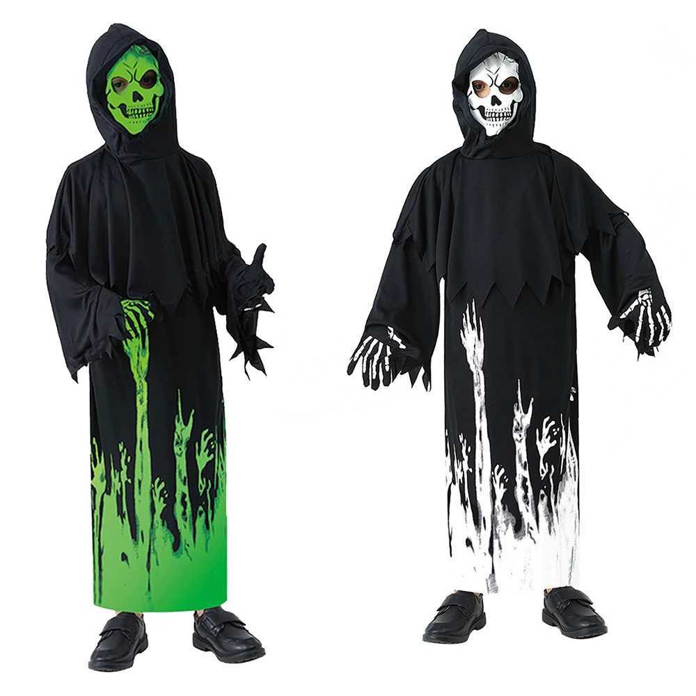 Halloween Grim Reaper Cosplay Costume Bodysuit Kids Ghost Demon Skeleton Spooky GlowInTheDark Hooded Jumpsuit Mask Gloves Set L250918