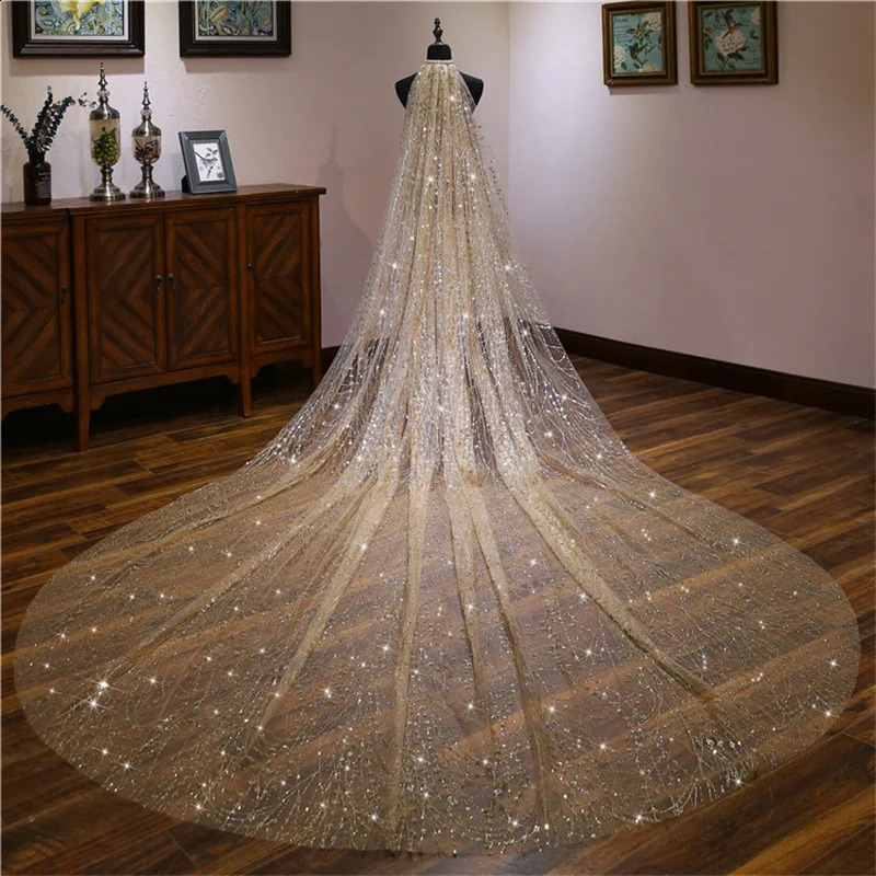 Fashion Wedding Veils For Brides Bling Gold 3 Meters Sequins Crystal Big Bridal Veils Wedding Accessories 250918