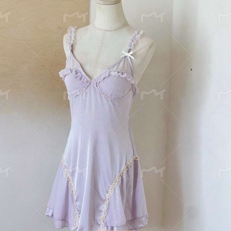 New Sweet Lazy Ice Silk Lingerie Passionate Hot with Chest Pads Sexy Nightdress Robe Homewear Set 496