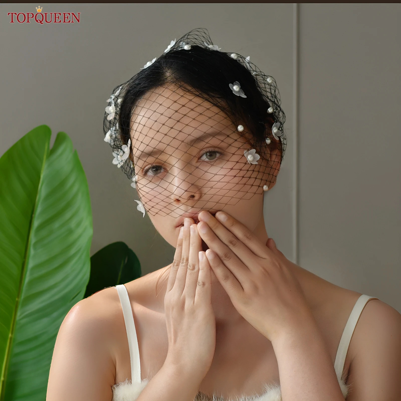 TOPQUEEN Va05 3d Flower Single Layer Bird Cage Veil Blusher Veil White Black Pearl Headband Bridal Hair Accessories Customizable 250918