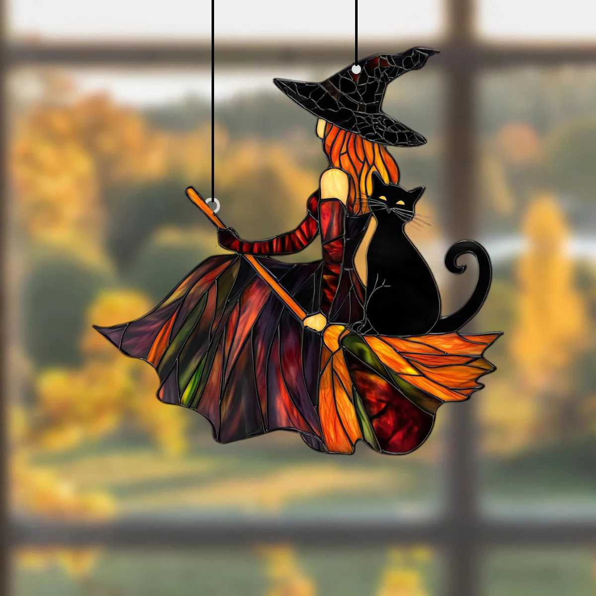 Gothic Acrylic Witch Black Cat Suncatcher Halloween Window Decoration Wind Chime Broom Witch Hanging Ornament for Home Party C250919