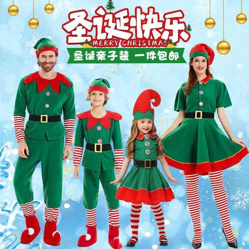 Christmas Santa Claus Costume Adult Kids Family Green Elf Cosplay Outfits Carnival Party New Year performance Xmas Dress Gift L250918