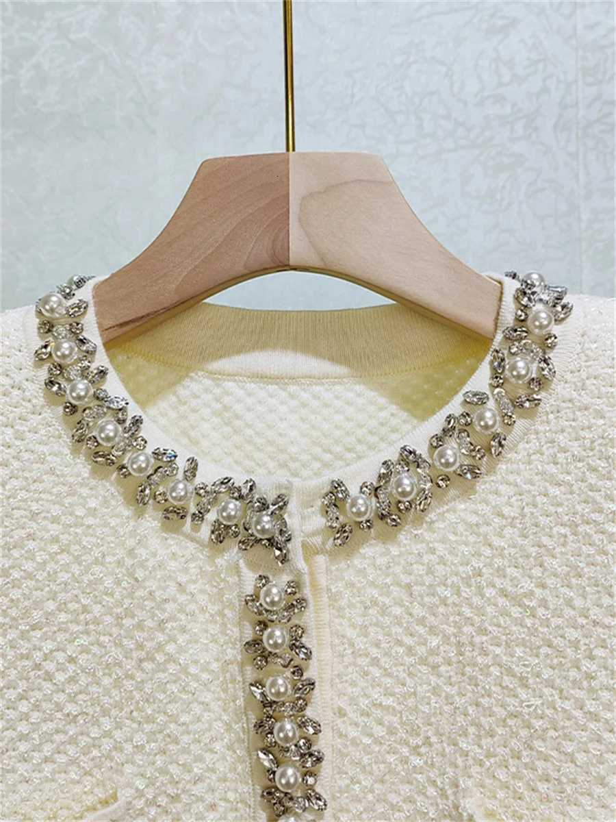 Women ONeck Sequin Sweater Coat Elegant Long Sleeve Early Spring Lady Pearl Rhinestone Trim Knit Cardigan Top Z250918