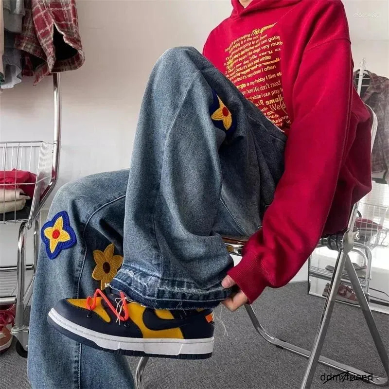 Men's Hoodies Autumn Flower Embroidery Jeans Hip Hop Fashion Baggy Denim Trousers Women's Vintage Streetwear Blue Straight Jean ddmyfriend