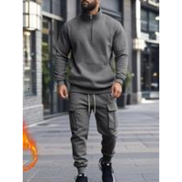 Men's Casual Fleece Lined Fitted Zipper Work Pants Set, Thick Fabric Warm Long Trousers for Fall & Winter, New Arrival Us Style