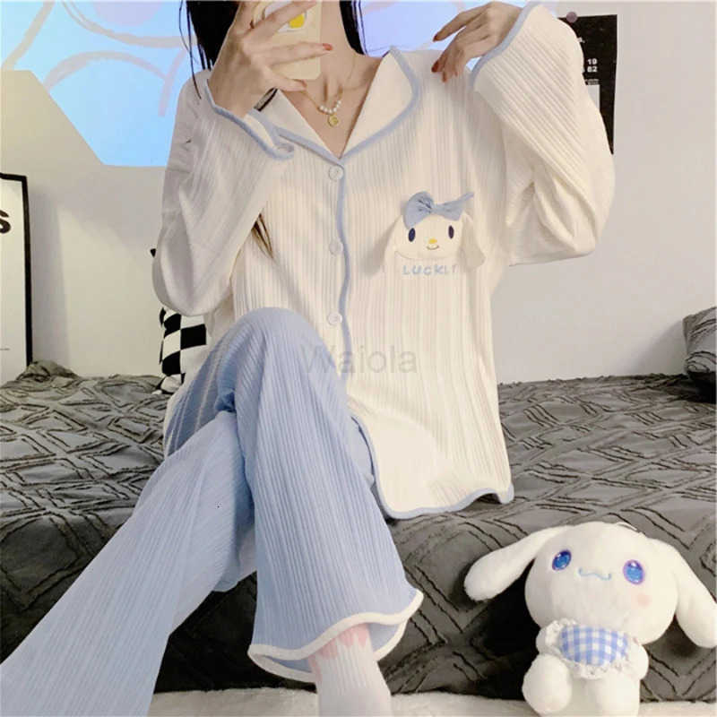 Sanrio Four Seasons Womens Pajamas Long Sleeves Long Pants Cute Sweet Princess Style Loose Cardigan Can Be Worn As Home Clothes L250919