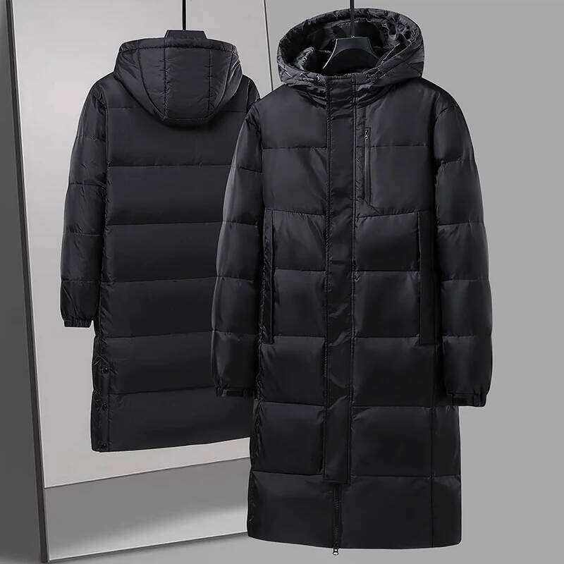 2024 New Men's and Women's Knee Length Black Hooded Coat Brand Clothing Casual Outdoor Warm Goose Down Lining Jacket