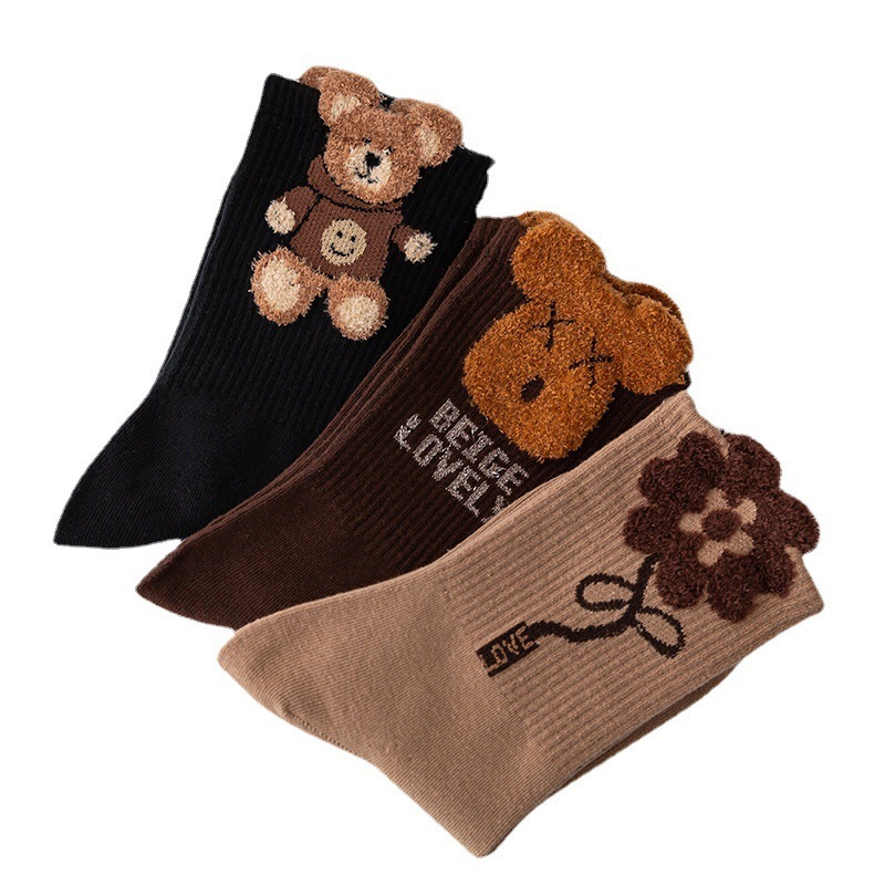 Feather Yarn 3D Bear Flower Autumn Winter New Combed Cotton Cartoon Mid-Calf Trendy Socks