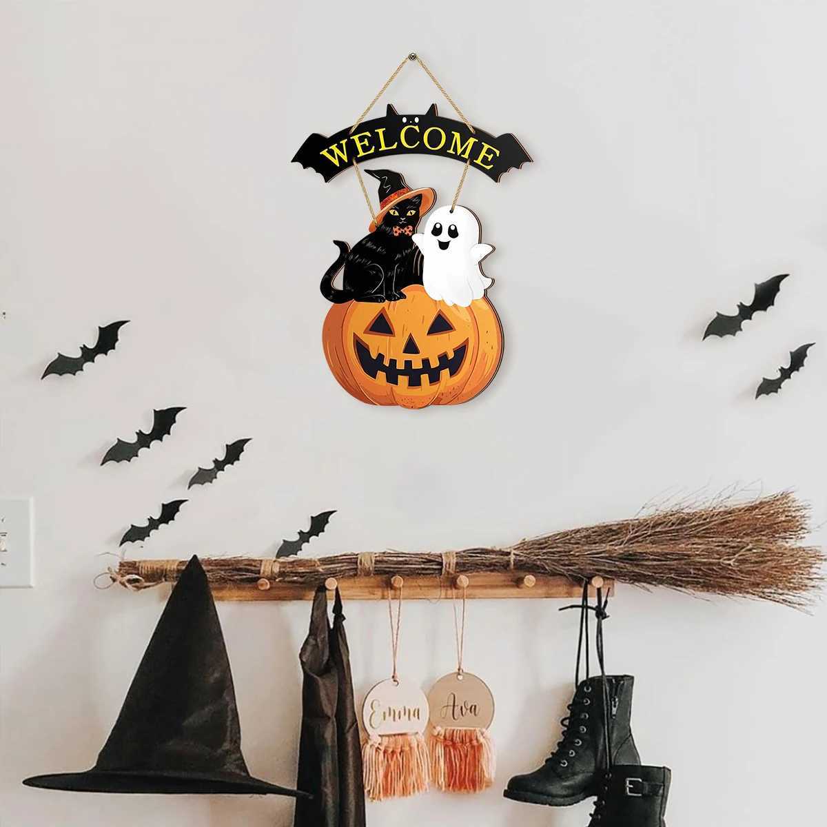 Halloween Welcome Sign with Cat Ghost and Pumpkin Festive Door Decor C250919