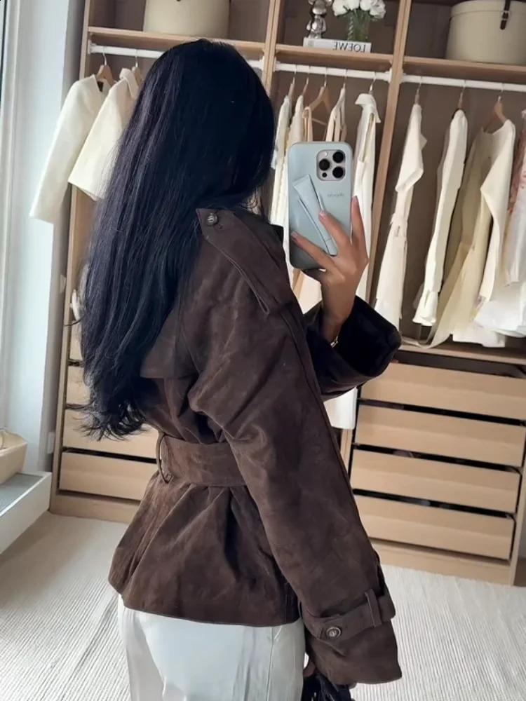 Women Brown Suede Cropped Trench Coat Jacket Belted Notched Lapel Laceup Retro Chic Outerwear Autumn Winter High Street Outfit 250919