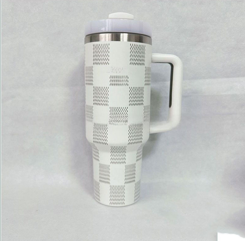40oz Stainless Steel Insulated Cup With Straw and Lid Large Capacity Water Bottle Coffee Mug for Camping Thermos Tumbler with Handle Chessboard Chequer