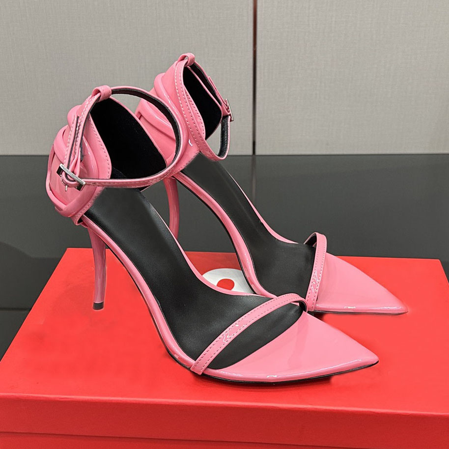 Half-Sandalo stiletto in vernice raso-Donna 10.5mm women high heeled sandal Metal buckle decoration slip-on open toe Genuine Leather Luxury Designers sandals