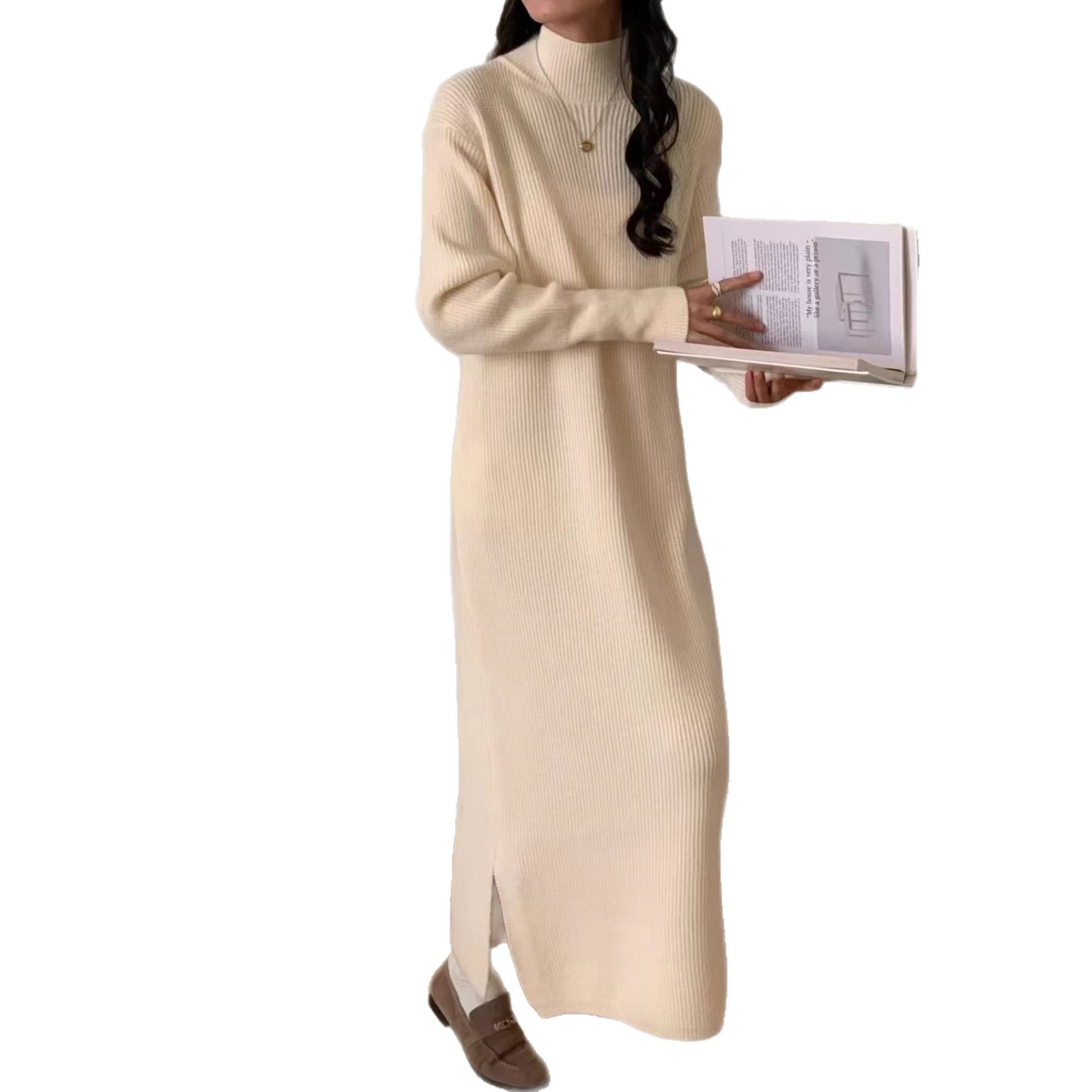 TB178 Thickened Knitted Sweater Dress with Side Slits and Long Sleeves