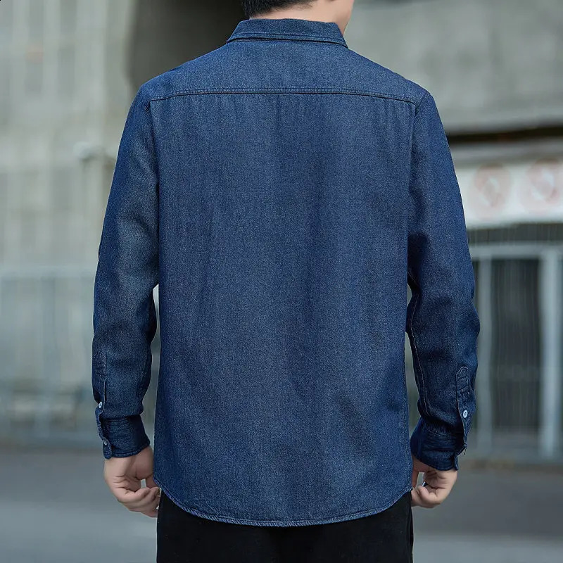 Spring Autumn Mens Denim Shirts Cotton Long Sleeve Solid Color Slim Casual Blue Streetwear Daily Jean Blouse Tops 250919