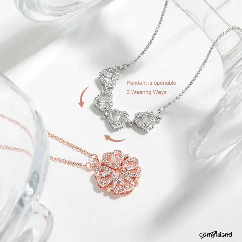 Clover Real Gold Plated Opeanable Four Heart Pendent Austrian Crystal Necklace For Women Creative Design 2 Wearing Ways Wedding Jewelry ddmyfriend