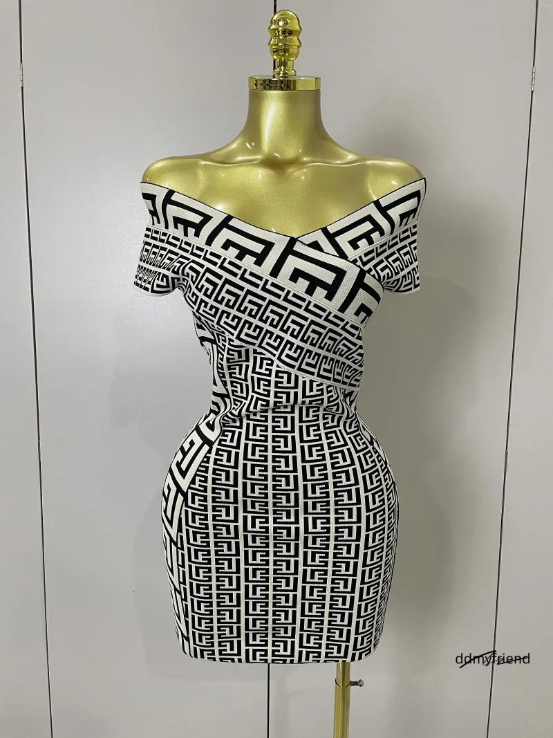 Casual Dresses High Quality 2025 Women Sexy Jacquard Slash Neck Off Shoulder Bodycon Mini Bandage Dress Elegant Evening Birthday Party ddmyfriend