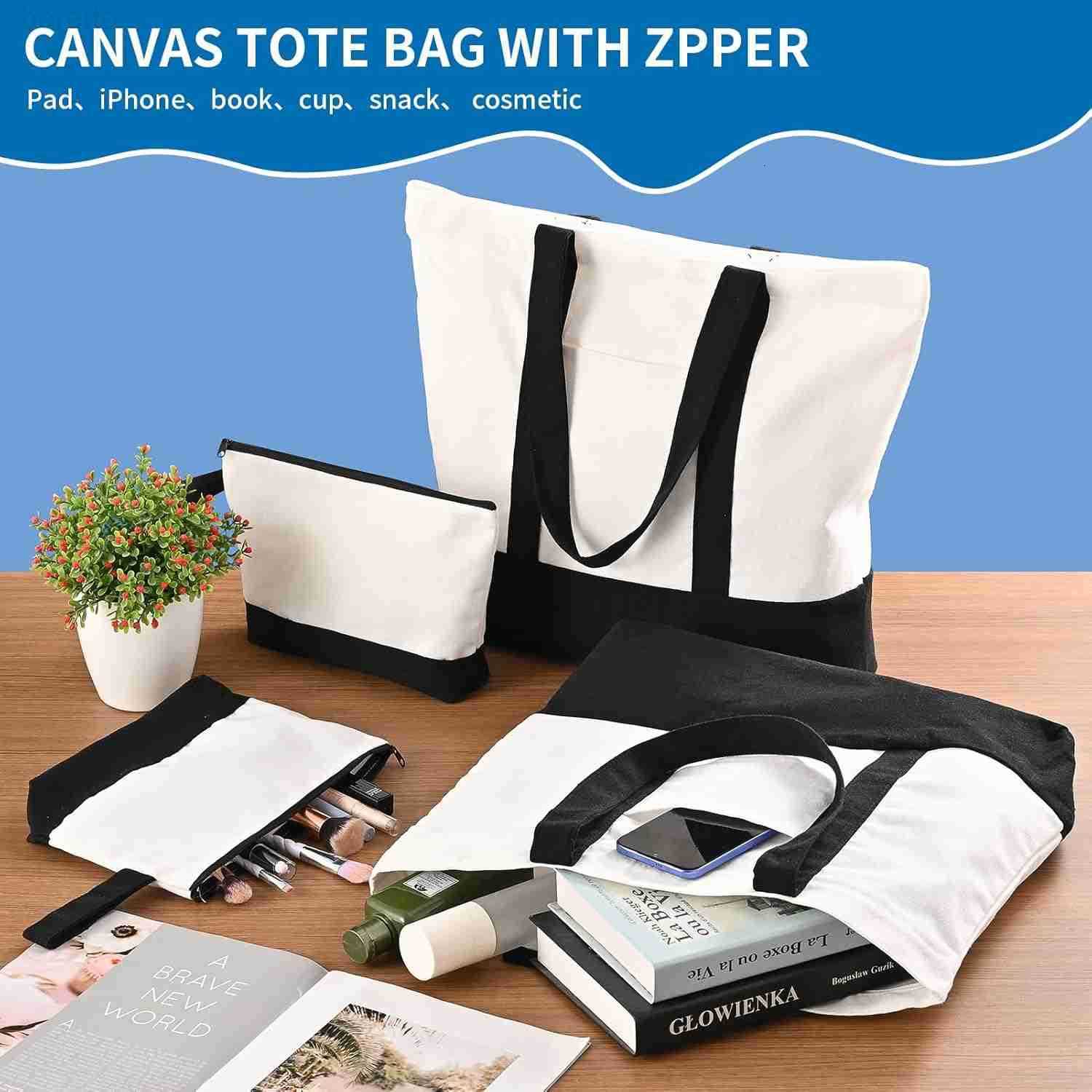 2 Pcs Canvas Tote Bags Bulk and Makeup Pouches Set 12oz Cotton Reusable Zippered Grocery Bags with Handles DIY Sublimation Halloween Craft Beach Trave