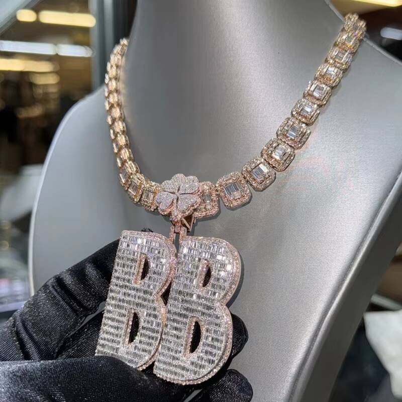 Fashion Hip Hop Jewelry Mens Miami Cuban Chain Custom Letter Clasp 925 Sterling Silver VVS Baguette Moissanite Diamond Pendant