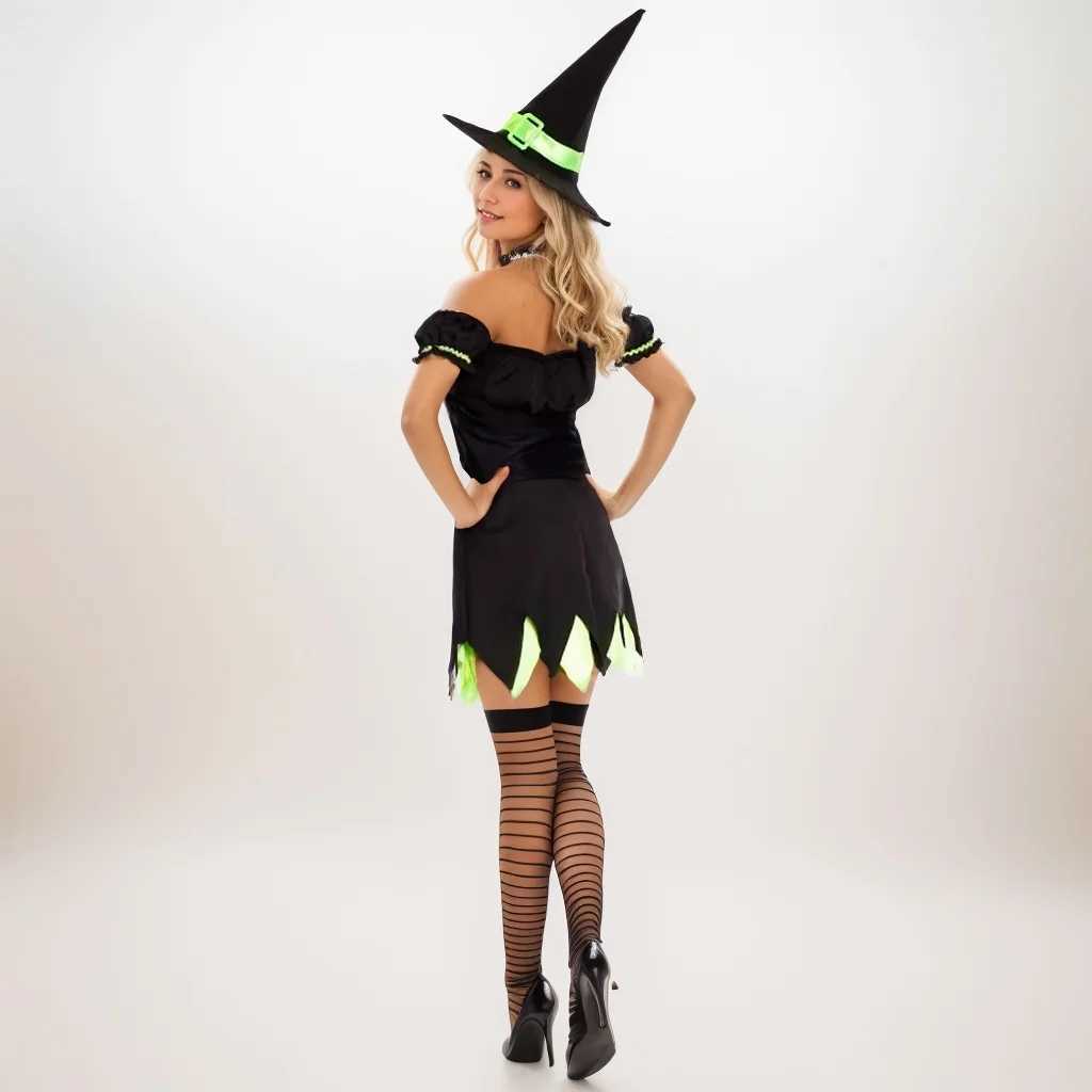 Women Witch Costume Holly Dark Witch Costume With Black and Green Dress and Hat For Halloween And Party L250918
