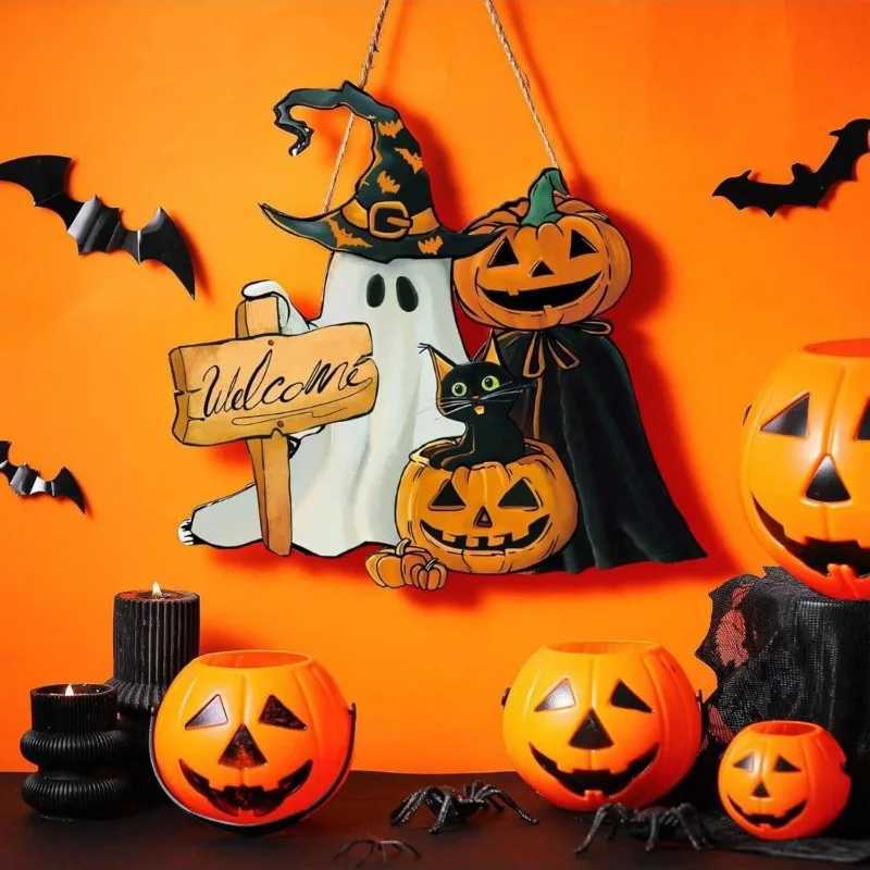 1pcs New Front Door Halloween Welcome Sign Pumpkin Skeleton Wreath Wooden Halloween Party Decoration C250919