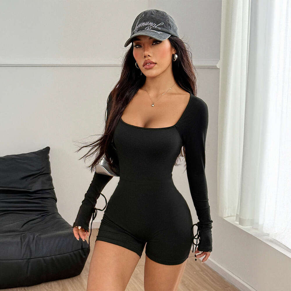 Sports Yoga Style High Elastic Slim Long Sleeve Shorts Jumpsuit Women's Clothing 2025 Spring and Summer