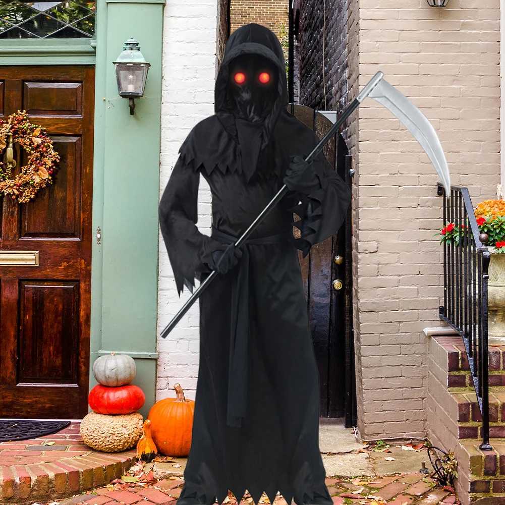 Halloween Cosplay Costume for Kids Scary Grim Reaper Skeleton Costume with Glowing Red Eyes Spooky Cos Robe Sickle Chain Props L250918