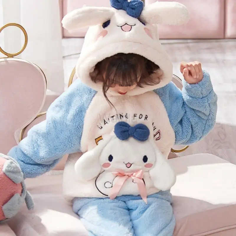 Sanrio Hello Kitty Girl Thickening Pajamas Winter Keep Warm Children Long Sleeves Pants Kawaii Anime New Style Household Clothes L250919