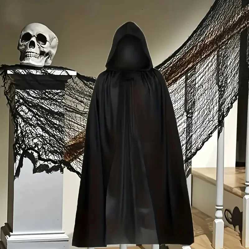 Halloween Cloak Soft Unisex Hooded Black Robe Witch Long Cape Cosplay Costume Prop Party Performance Supplies Holiday Decoration L250918
