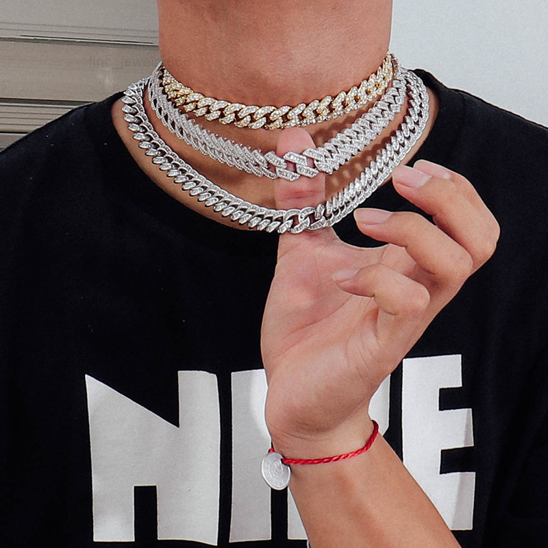925 Sterling Silver Iced Out Miami Cuban Link Hip Hop Choker Chain Necklace VVS Moissanite or Lab Diamond Gold Plated