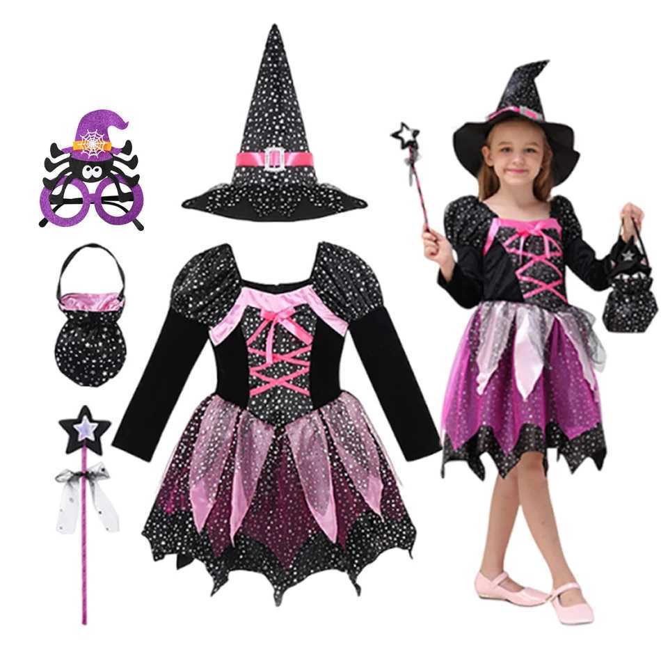 Girls Halloween Party Costumes Witch Dress Kids Carnival Costume Vestidos Party Cosplay Dress Bag Hat Wand Suit Clothes L250918