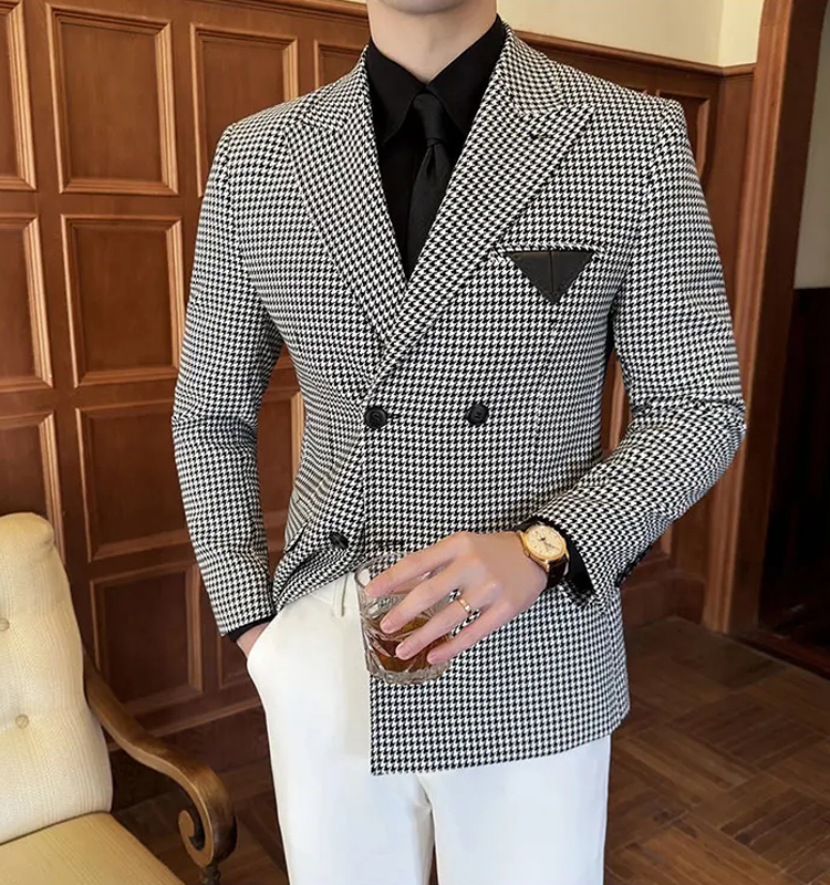 Classic Houndstooth Wedding Tuxedos 1 Pcs Jacket Peaked Lapel Men Suit Double Breasted Grooms Evening Blazers Customized
