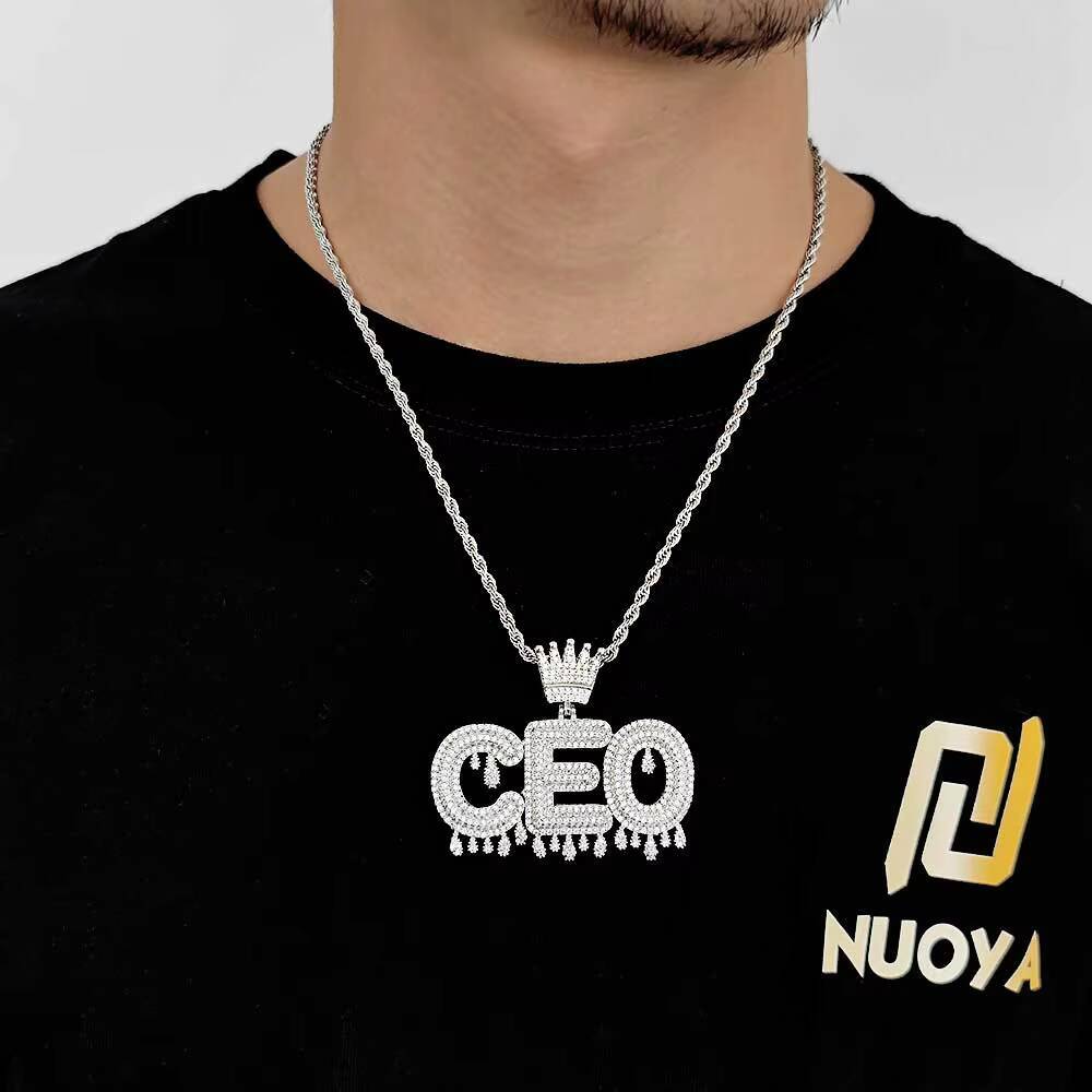 Hip Hop Crown Hook Diamond Letter Pendant Jewelry Shiny Moissanite Gold Plated Custom Name Necklace for Men Women
