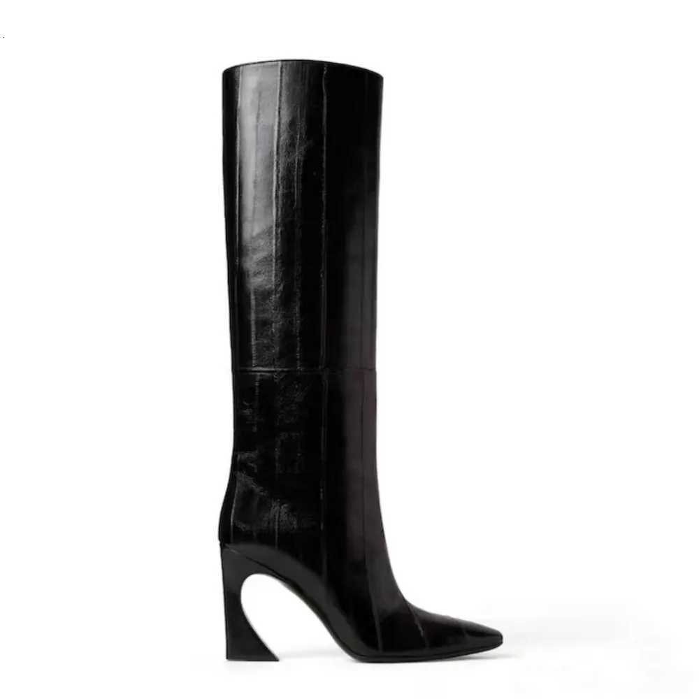 Womens Black Crocodile Patterned Knee High Boots with Pointed Toe Chunky Heel Stylish for Evening Parties Streetwear W250919