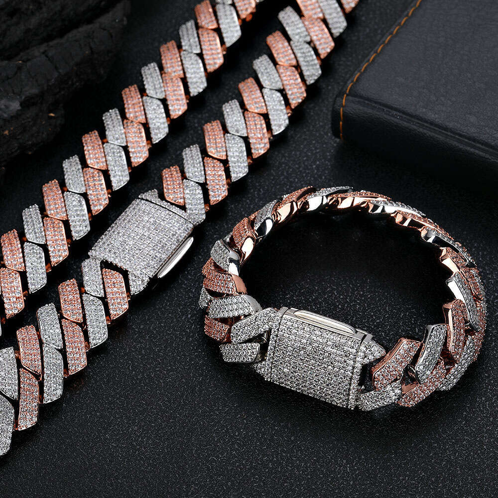 Trendy Men's Bracelet 20mm Flip Clasp Three Rows Zircon Dia Cuban Chain Thick Hip Hop Necklace