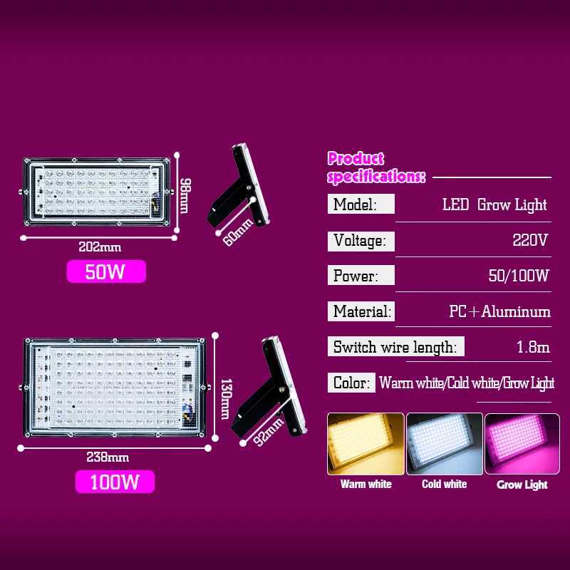 LED Grow Light Full Spectrum Phyto Lamp AC 220V 50W 100W Floodlight with Control Plug for Indoor Grow Tent Plants Growth Light C250919