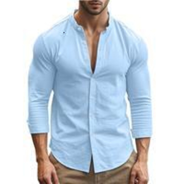 Men's Linen Long Sleeve Shirt, Stand Collar Button Front Breathable Casual Longsleeves Henley Top, Perfect for Spring & Summer Wear, Menswear