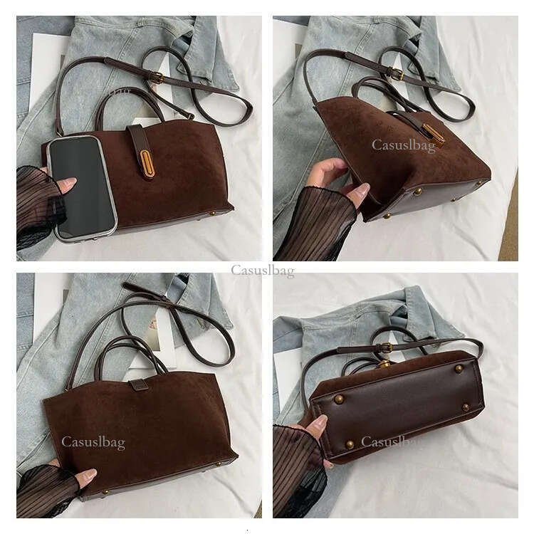 Brown Suede Tote Designer Women Bags Shoulder Handbag Roomy Design & Metal Hardware Bag
