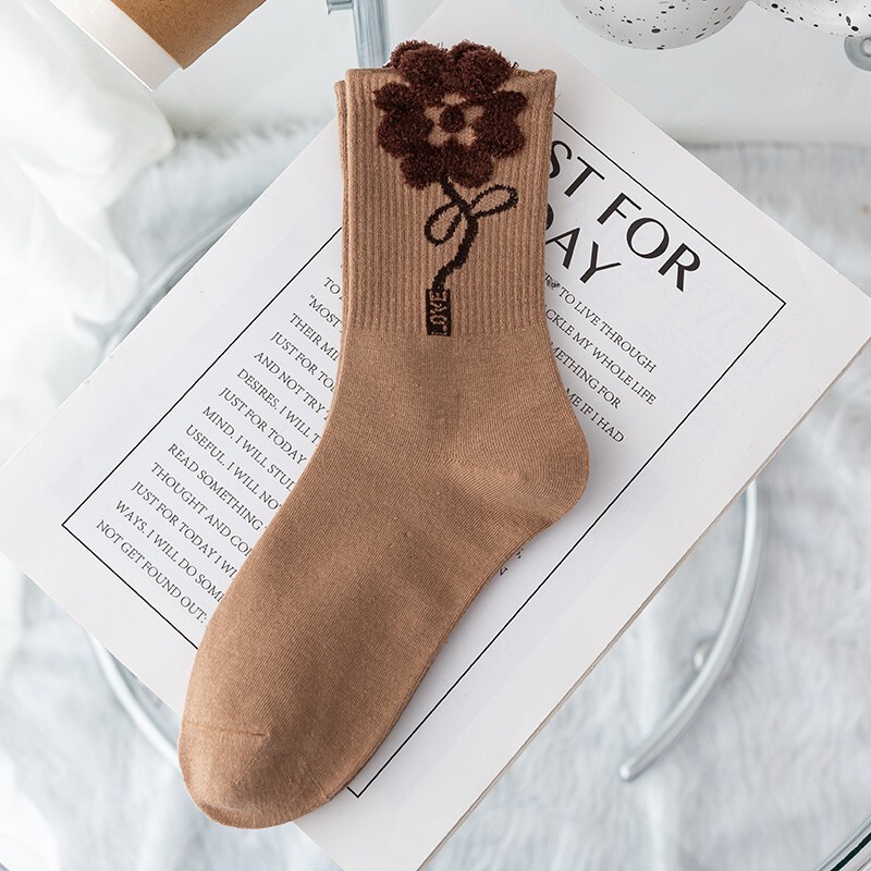 Feather Yarn 3D Bear Flower Autumn Winter New Combed Cotton Cartoon Mid-Calf Trendy Socks